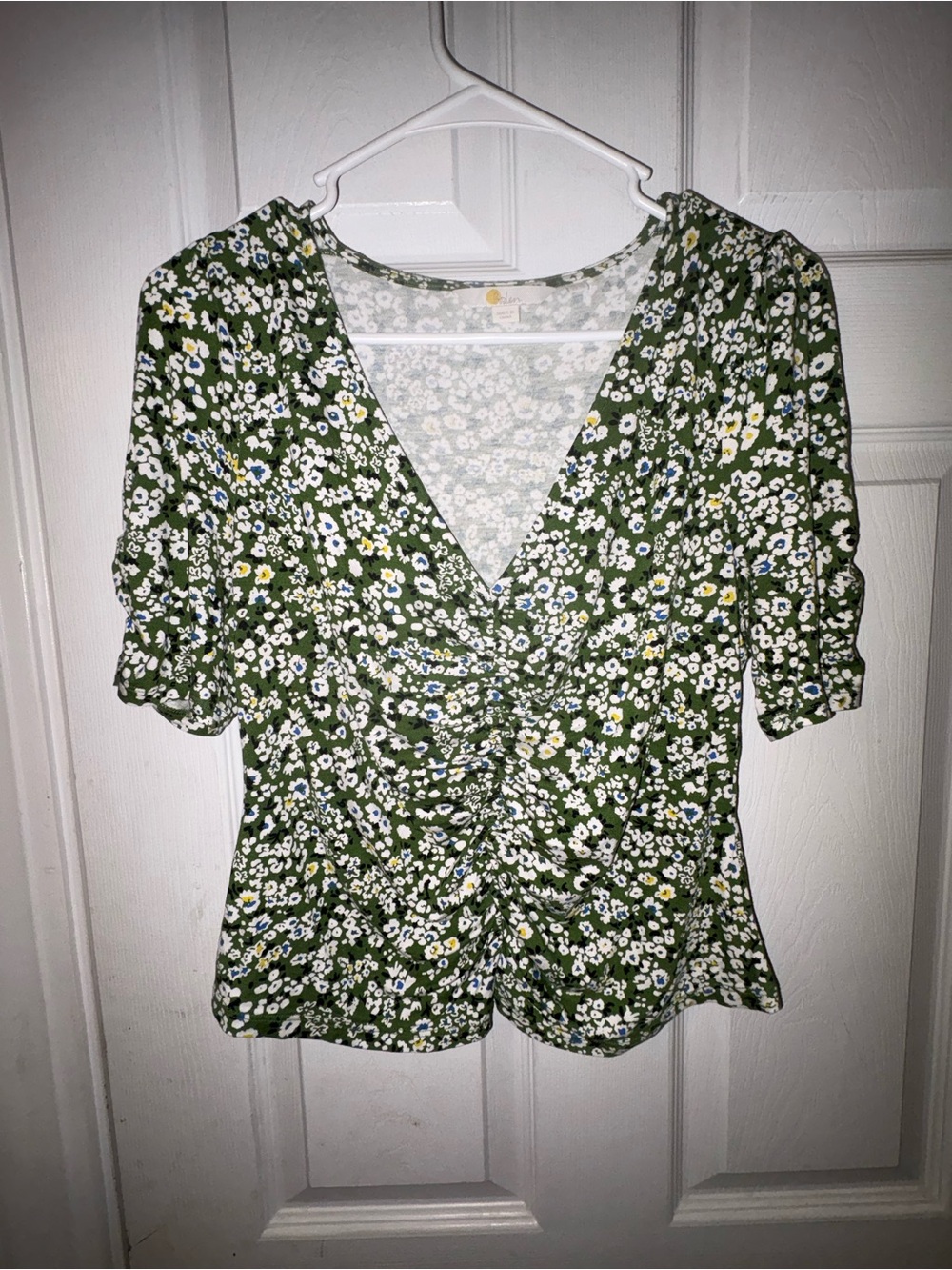 Boden Olive Green Floral V-Neck Ruched Blouse